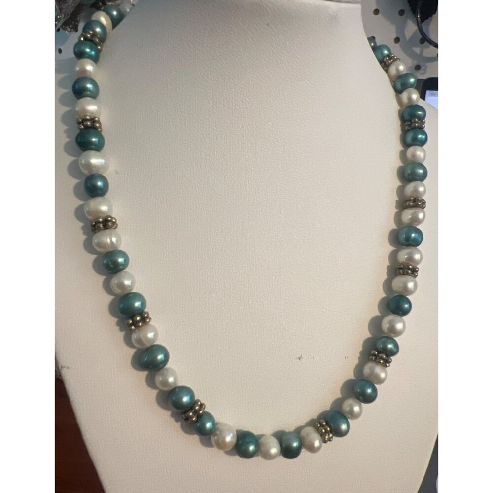 Vintage Freshwater Pearl Necklace Collar White Blue Silver Tone Estate Adj 20"